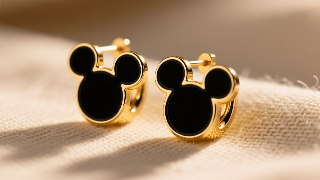 Close-up of 14k gold vermeil Mickey hoop earrings with black enamel silhouettes resting on textured beige linen in warm sunlight
