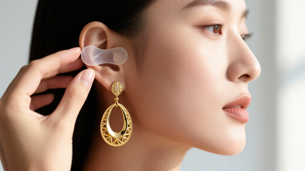 Woman applying a clear silicone earlobe patch behind her ear before attaching a heavy, oversized 14k gold drop earring.