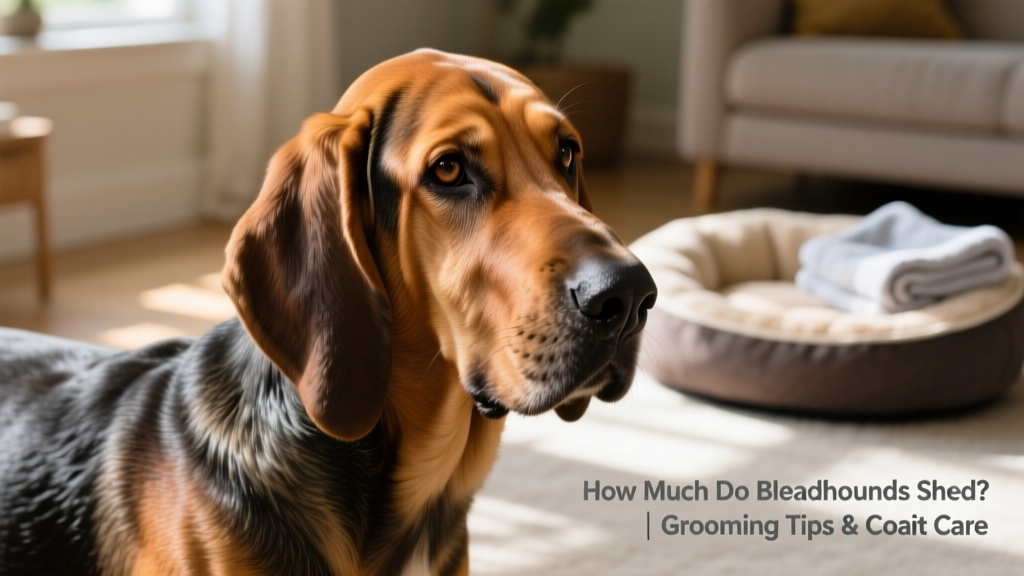Close-up of a Bloodhound’s short, glossy coat with visible texture and healthy sheen