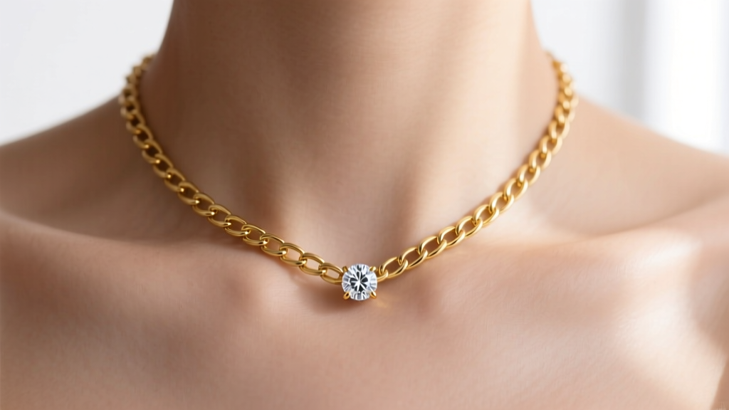 Close-up of a 14k yellow gold box chain on a collarbone with a small bezel-set lab-grown diamond pendant in soft natural light.