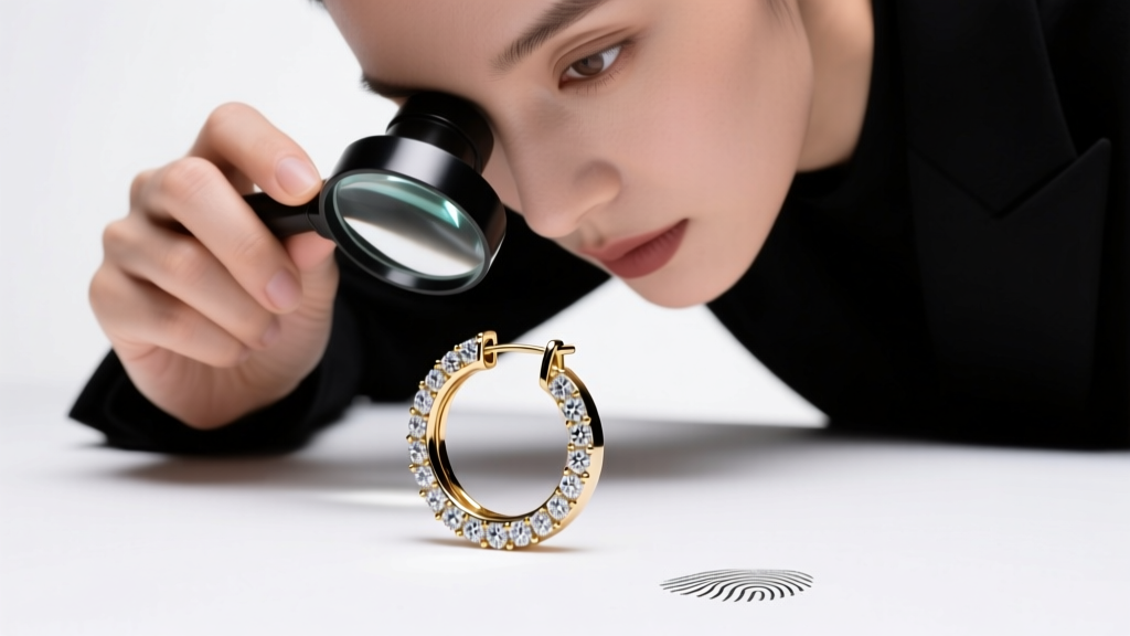 Jeweler using a 10x loupe to inspect micro-prongs on a pave diamond hoop earring for loose stones under bright bench lighting.