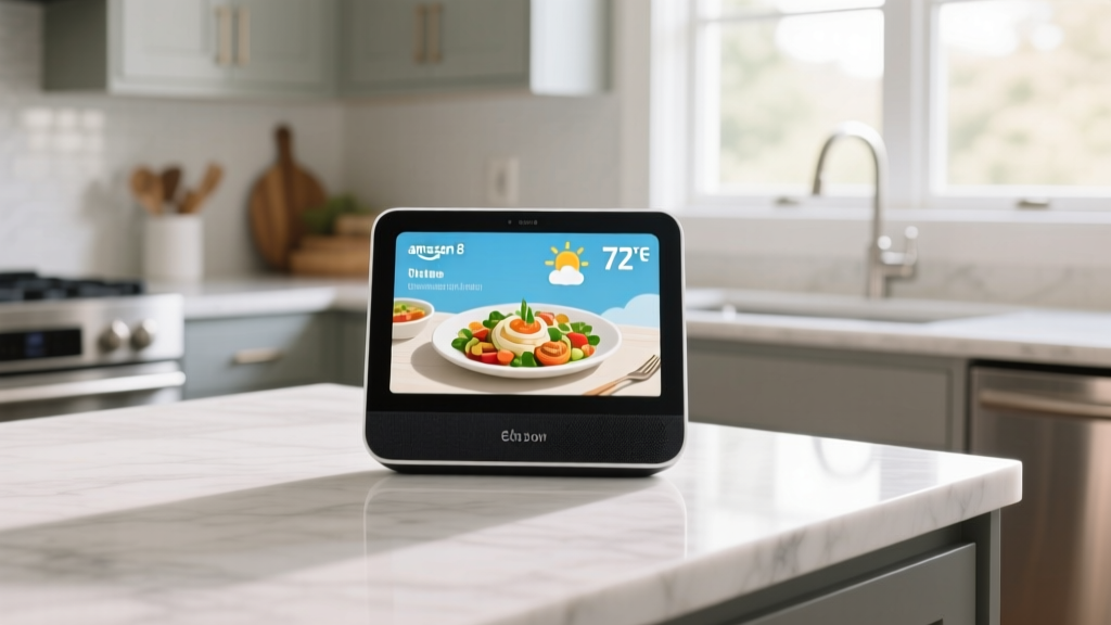Amazon Echo Show 8 smart display sitting on a modern kitchen marble counter showing a recipe and weather widget
