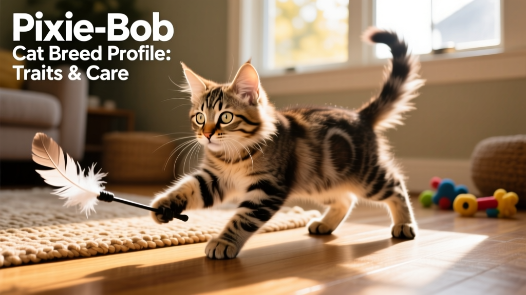A Pixie-Bob kitten playfully batting at a feather wand toy, highlighting its agility and playful energy