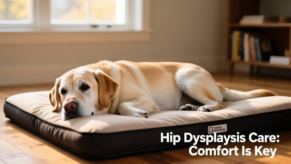 Senior dog resting comfortably on orthopedic bedding, with gentle lighting emphasizing relaxed posture