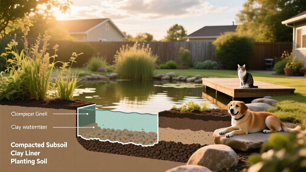 Diagram showing cross-section of pond layers: compacted subsoil, clay liner, and thick planting soil above