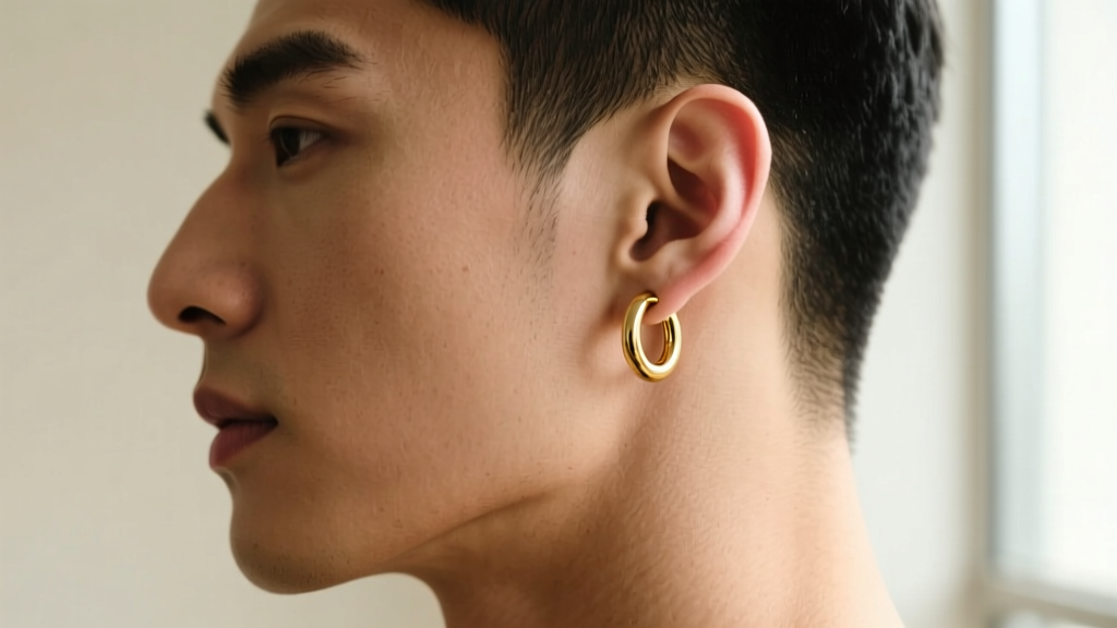 Male profile showcasing an 8mm 14-gauge continuous gold hoop earring, highlighting the seamless metal closure against natural skin.
