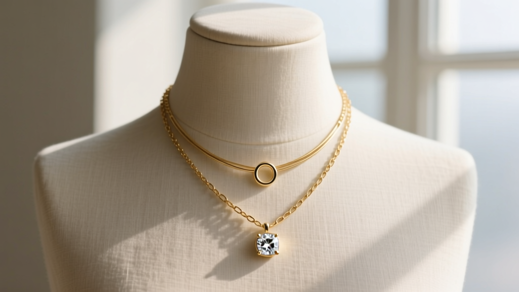 Layered gold necklaces with a small circle pendant, diamond solitaire, and paperclip chain styled on a linen mannequin neck