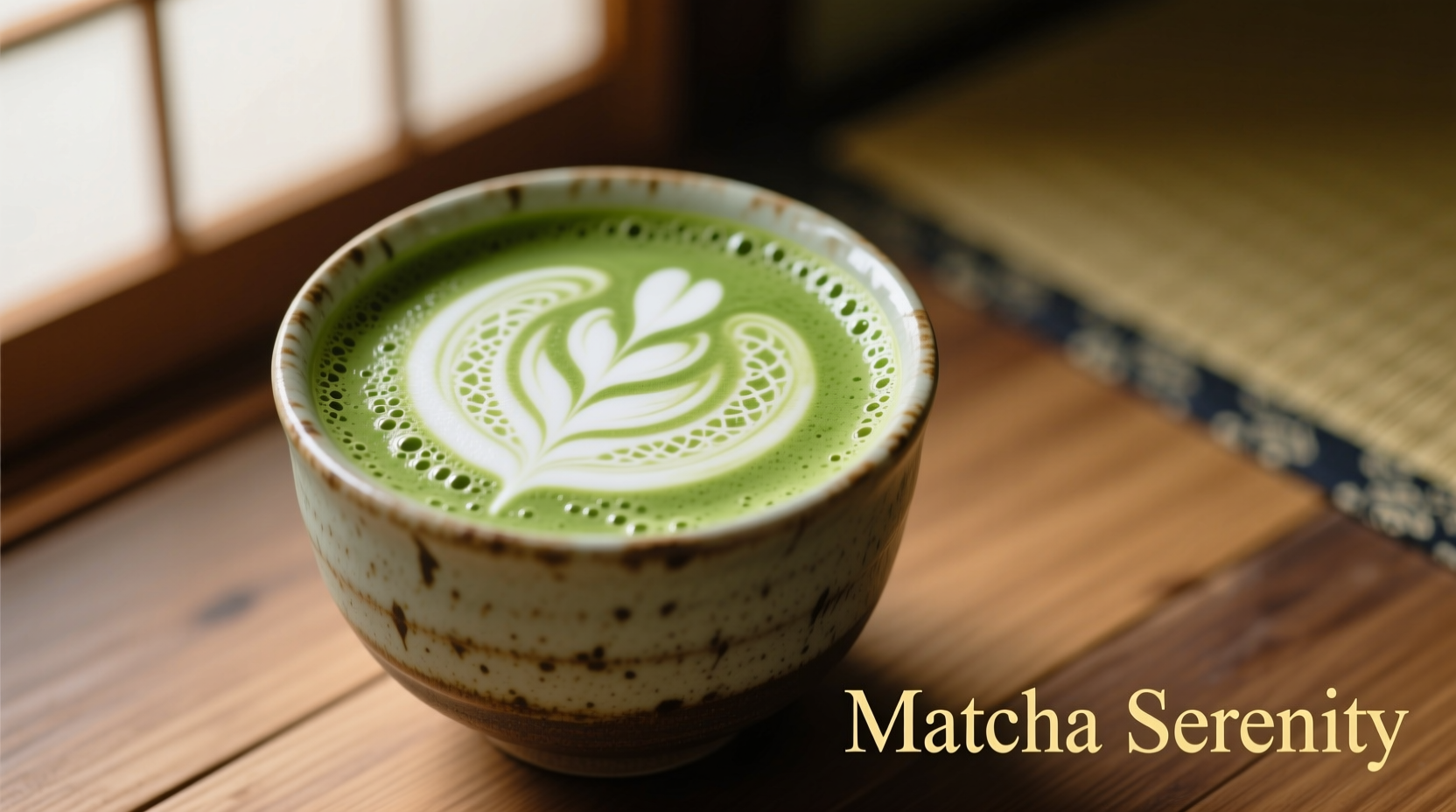 Close-up of vibrant green matcha latte in ceramic cup