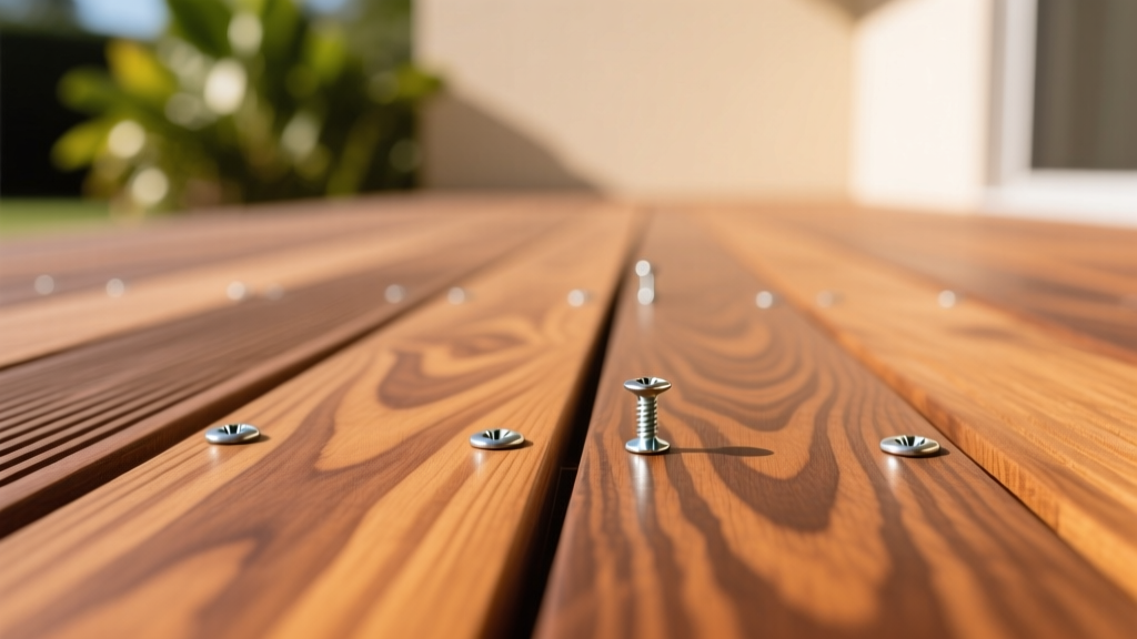 Close-up of dense Ipe hardwood decking boards with tight grain patterns being fastened with stainless steel screws on a sunny patio