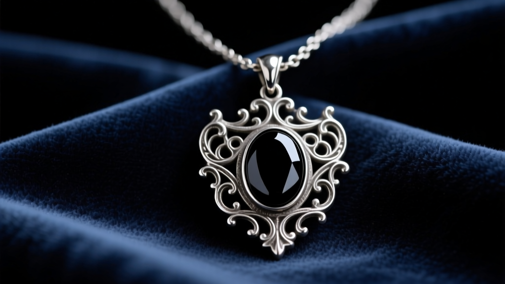 Close-up of oxidized silver gothic crest pendant necklace on dark velvet, showing intricate filigree and central black onyx stone.