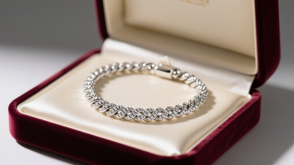 Open velvet box revealing a sparkling diamond-cut 925 Italy rope chain necklace on soft cream fabric under warm studio lighting