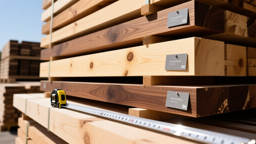 Stacked lumber yard showcasing various wood species including oak, pine, and walnut with price tags and measuring tape in bright sunlight