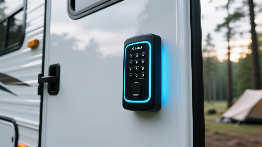 Close-up of matte black RV Lock 4.0 keyless entry keypad on side door of white fiberglass travel trailer with glowing blue backlight