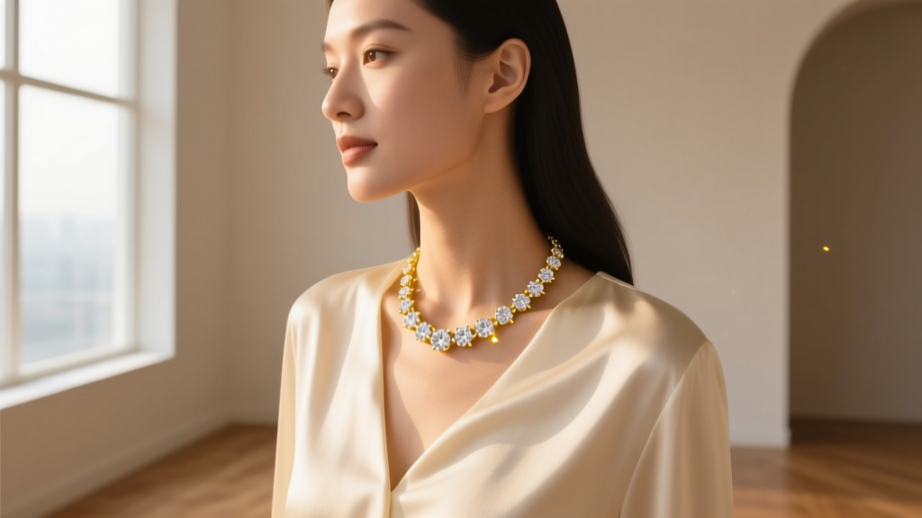 Woman wearing a 14k yellow gold diamond station necklace with bezel-set stones catching warm sunlight against a cream silk blouse.