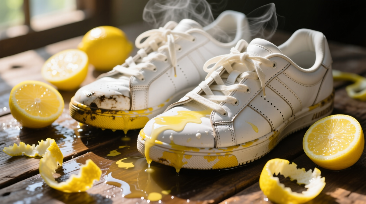 Stained white sneakers surrounded by lemon slices and juice, depicting a method for washing white sneakers.