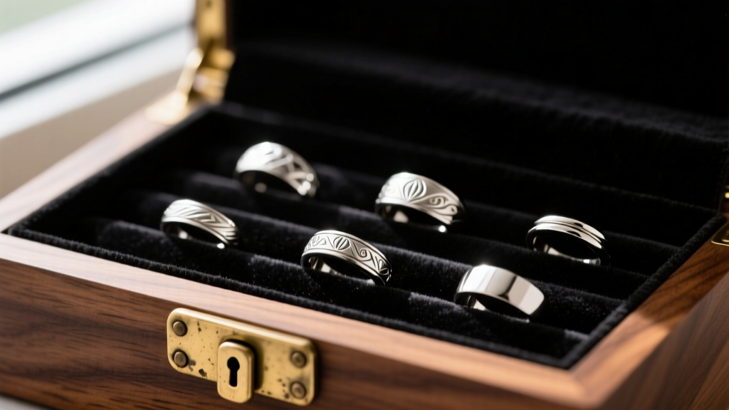 Close-up of black microfiber anti-tarnish lining inside a wood jewelry cabinet, showing silver rings and a brass locking latch