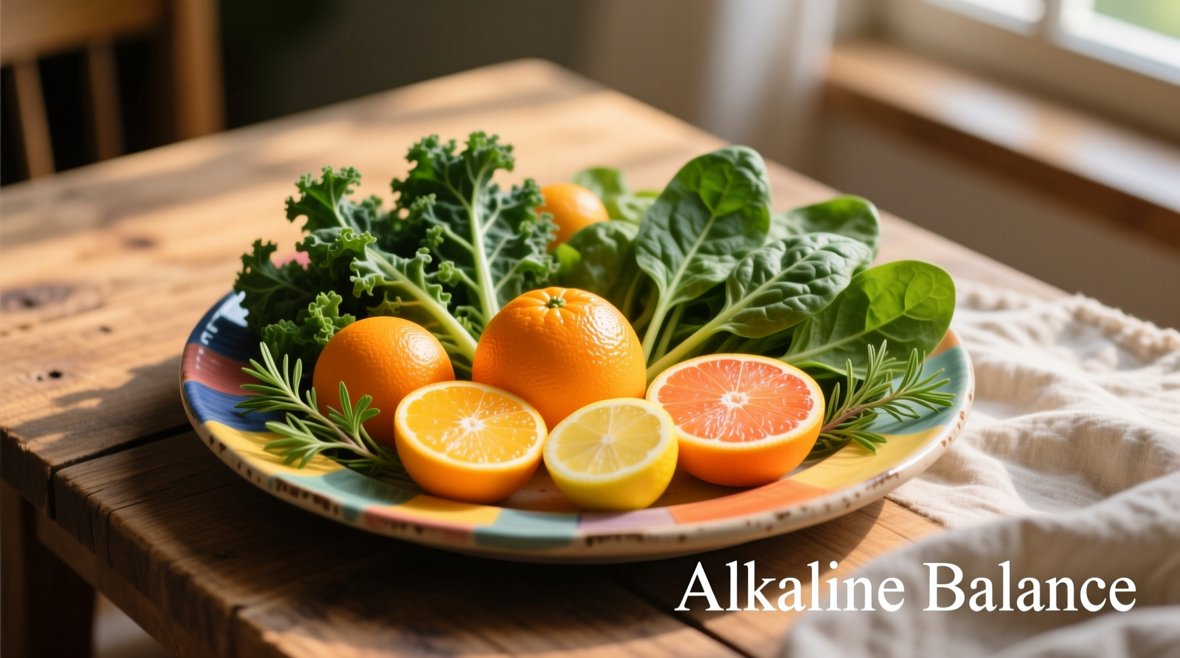 Colorful plate of alkaline foods including leafy greens and citrus