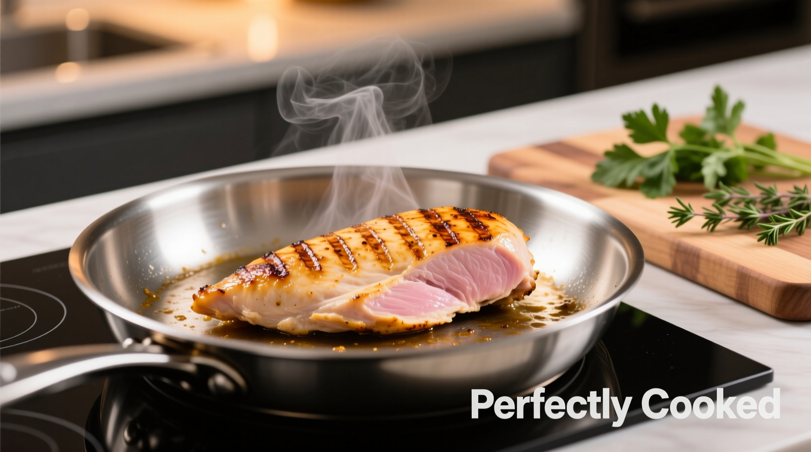 Perfectly cooked thin chicken breast on stove