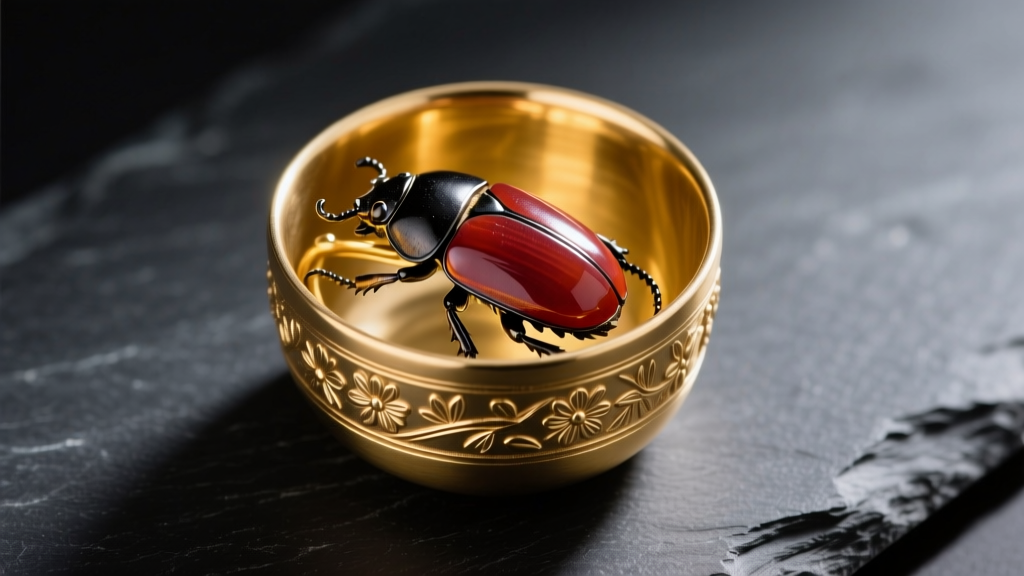 Overhead shot of a custom 14k yellow gold bezel cup holding an asymmetrical ancient carnelian scarab, resting on dark slate.
