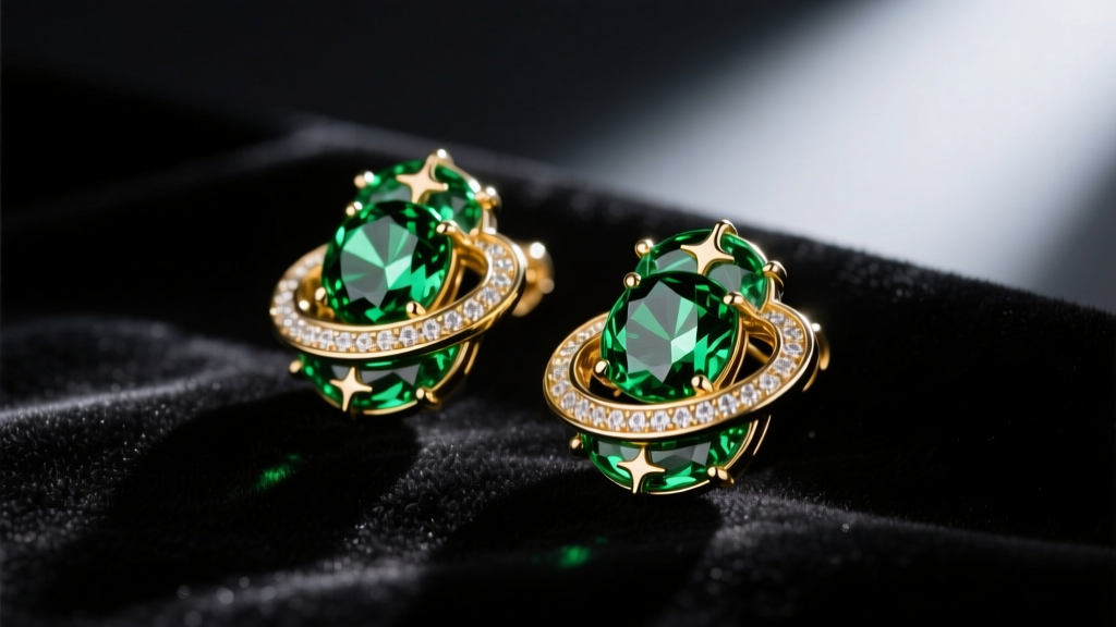 Green and yellow Potara fusion earrings on dark velvet, lit by dramatic studio lighting for a detailed cosplay display.