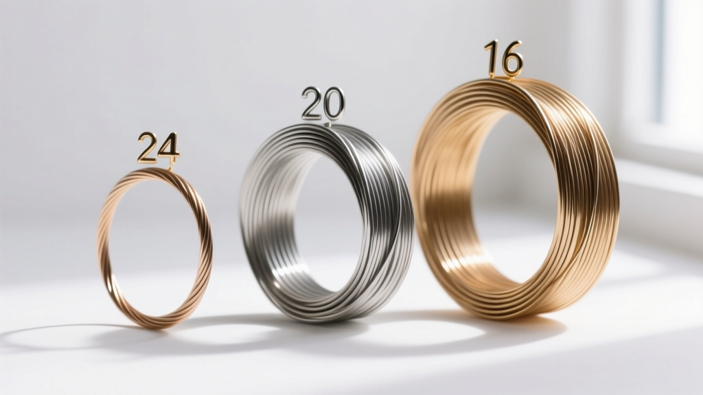 Close-up macro shot of three distinct coils of jewelry wire labeled 24, 20, and 16 gauge, showing thickness differences clearly.