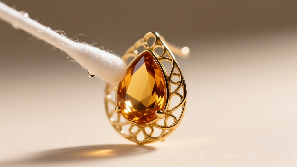 A damp cotton swab cleaning the gold-plated filigree setting of an amber teardrop earring, carefully avoiding the soft gemstone.