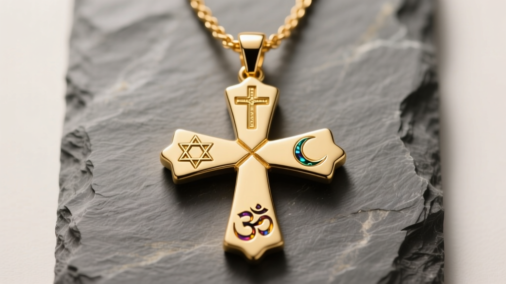 14k gold 4 way cross necklace pendant on slate, showing the central junction and four religious icons under soft lighting.