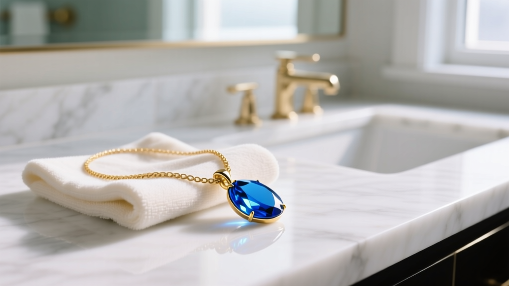 Soft microfiber cloth polishing a gold-tone necklace with a blue glass pendant on a clean, bright white marble vanity surface