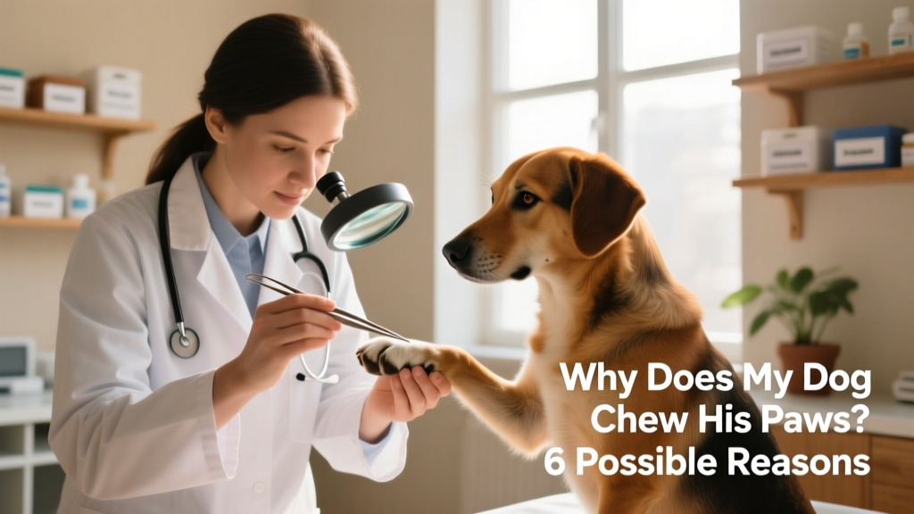 Veterinarian gently examining a dog's paw with tweezers and magnifying lamp