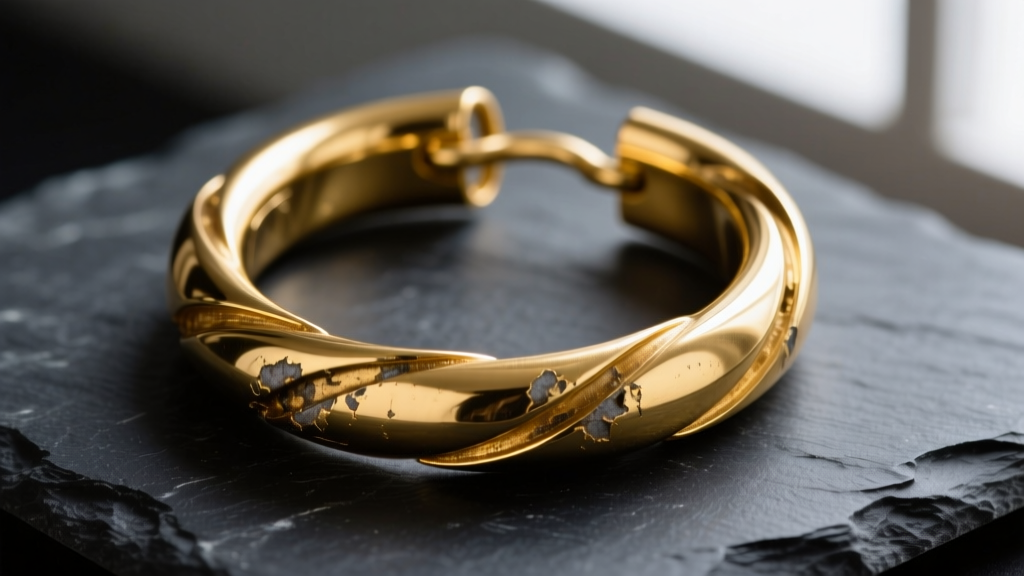 Macro shot of gold costume hoops on dark slate, revealing the brass base metal where the gold plating has worn off at the clasp