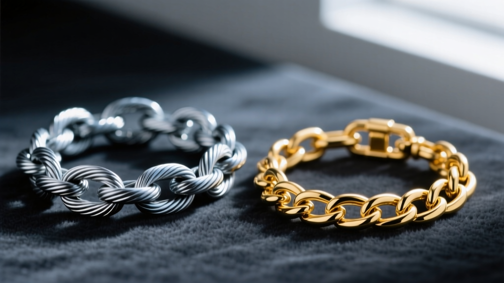 Macro shot of 20-gauge PVD steel cable chain beside gold vermeil chain, showing link thickness and clasp details on dark velvet.