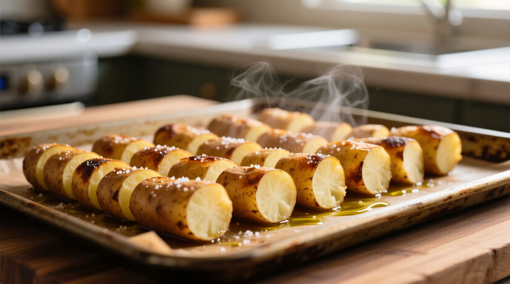 Golden brown potato logs arranged on baking sheet