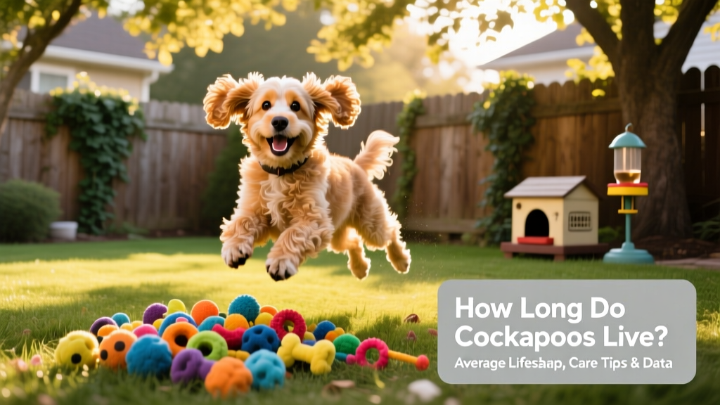 A joyful, healthy adult cockapoo playing in a sunlit backyard