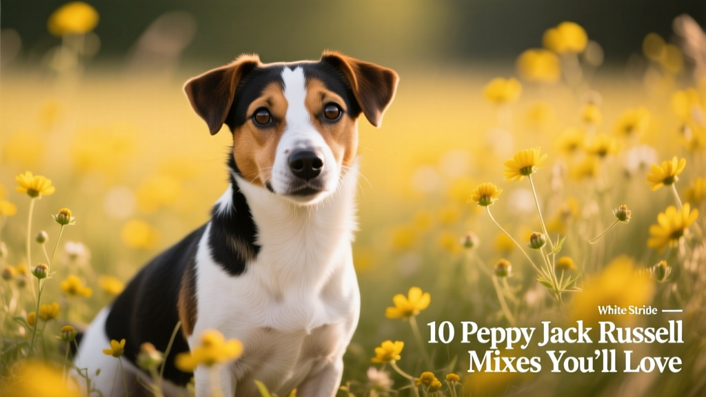 White striped nose Jackchi, Jack Russell Terrier Chihuahua mix, sitting it field of yellow flowers.