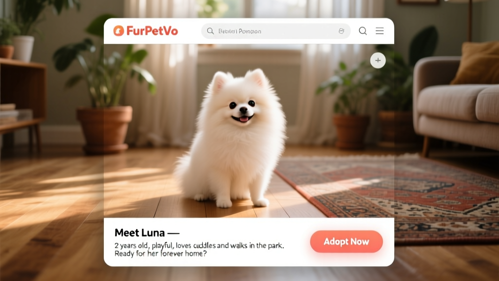 Screenshot-style image showing a friendly FurPetVo listing page with a Pomeranian photo, bio section, and 'Adopt Now' button