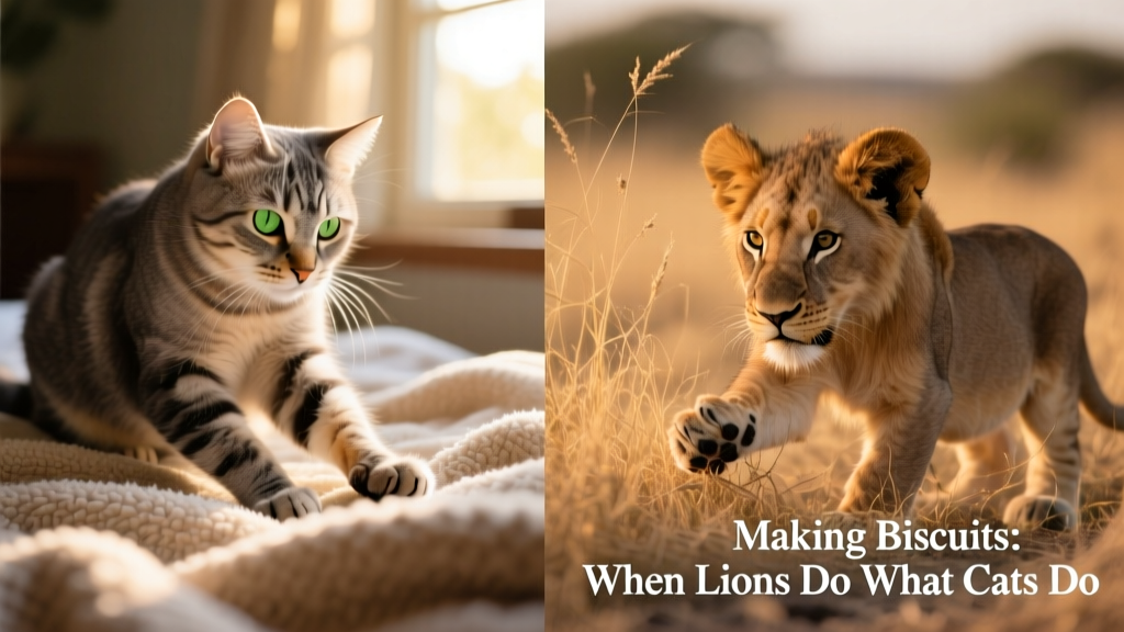 Side-by-side comparison: a domestic cat kneading a blanket and a lion kneading grass, illustrating the identical motion pattern