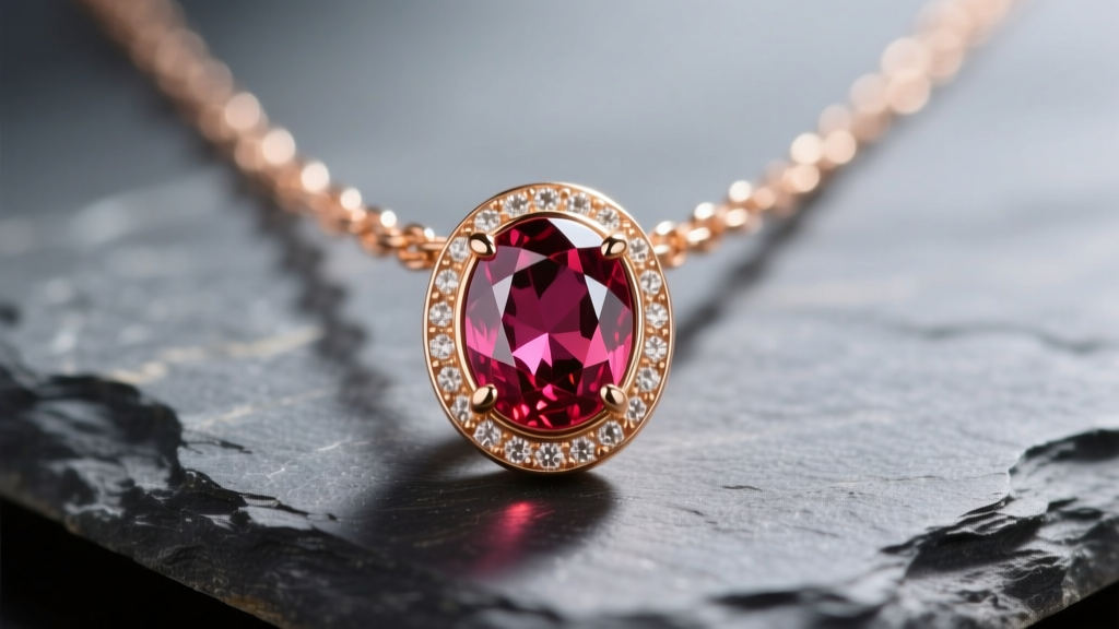 Macro photography of an 18k rose gold pendant necklace featuring a bezel-set oval Burmese ruby resting on dark grey slate