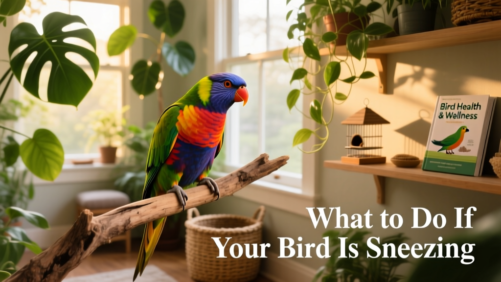 A colorful parrot perched calmly on a natural wood perch in a well-lit, plant-filled room