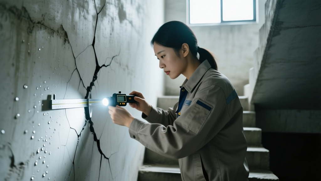 Engineer measuring a stair-step crack in a concrete basement wall with a digital crack width gauge and a bright LED flashlight.
