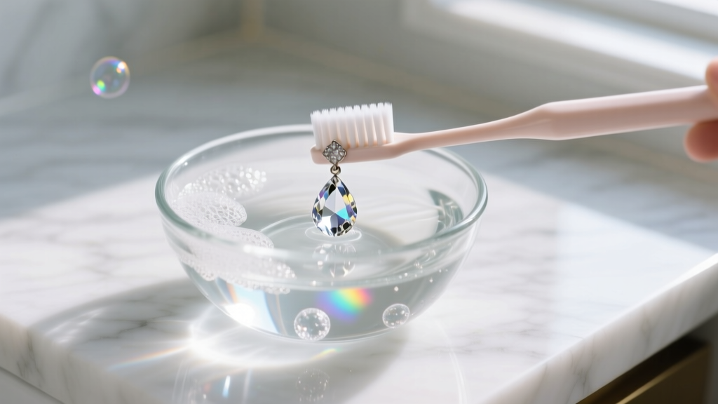 Soft toothbrush gently cleaning a crystal drop earring in a glass bowl of soapy distilled water on a bright marble countertop.