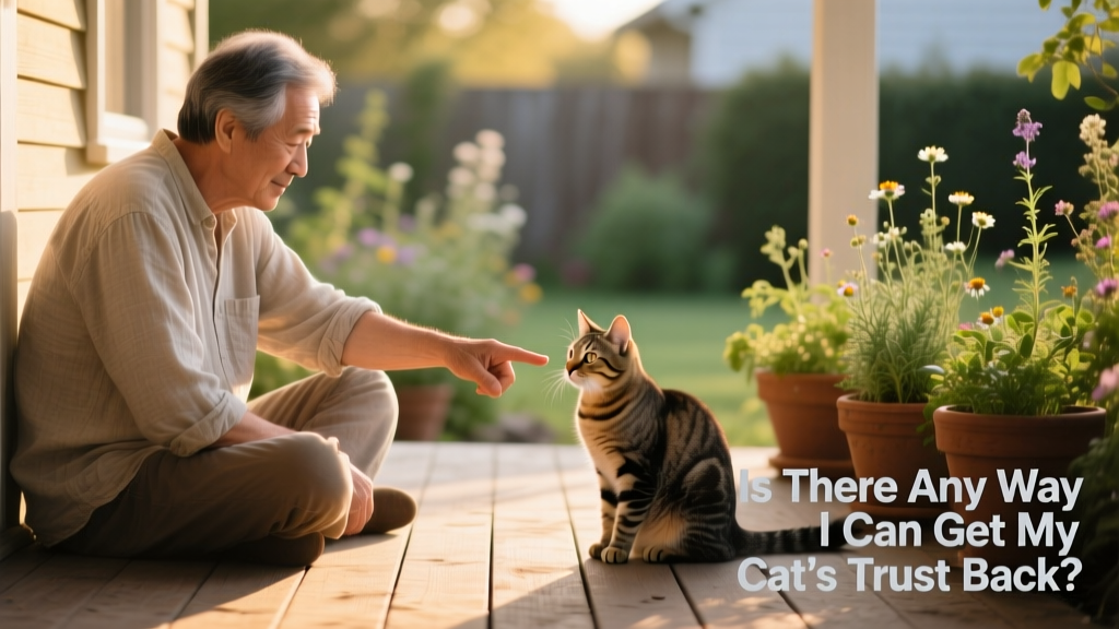 A calm, seated person offering a single finger toward a cautious cat sitting a few feet away