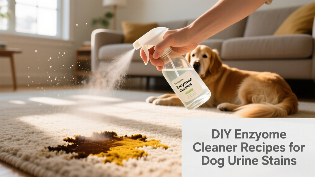 Spraying homemade enzyme cleaner onto stained carpet area