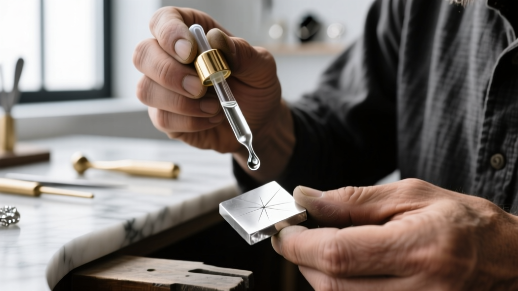 Close-up of a jeweler applying a drop of nitric acid testing solution to a scratch stone to verify sterling silver purity