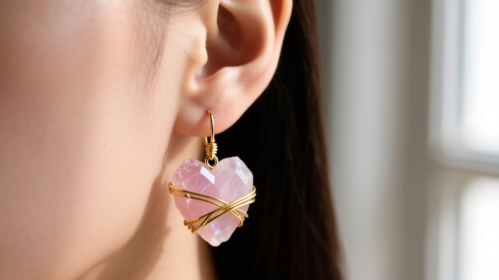 Close-up of an earlobe sagging under a large raw rose quartz heart nugget earring with gold wire wrap, soft natural lighting.