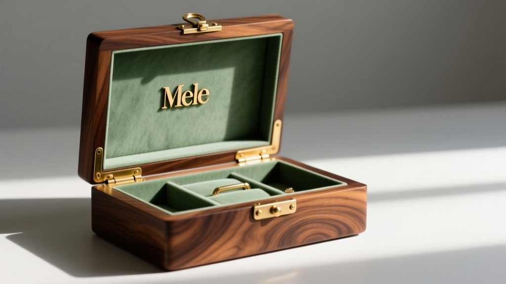 Open vintage Mele jewelry box in burl walnut, showing faded green suede lining and polished brass hinges under soft light.