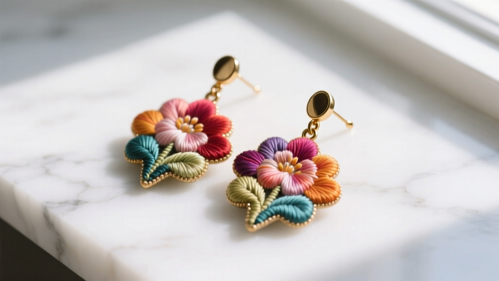 Close-up of vibrant floral embroidered earrings on white marble, showcasing intricate silk thread work and brass posts in soft light.