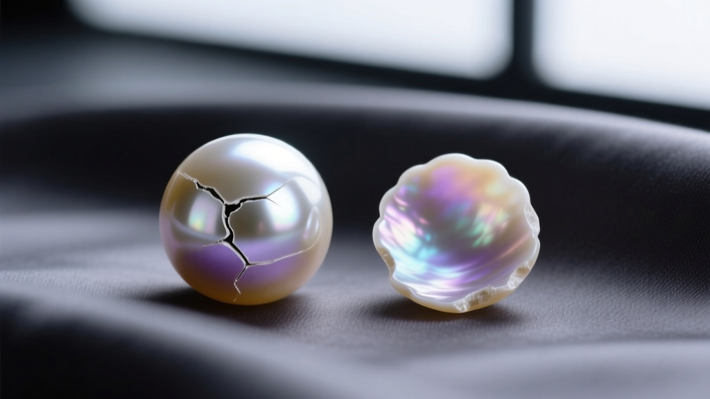 Macro shot comparing a chipped vintage faux glass pearl beside a luminous genuine Akoya saltwater pearl on a silk fabric background.
