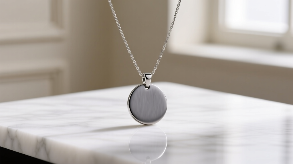 Grade 23 titanium pendant necklace resting on white marble, highlighting its smooth matte grey hypoallergenic metal surface finish.