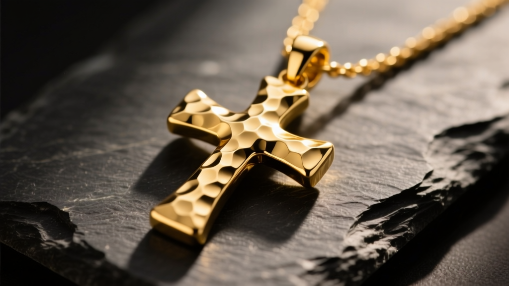 Close-up of a textured 14k yellow gold hammered cross pendant on dark slate, illuminated by warm directional sunlight.
