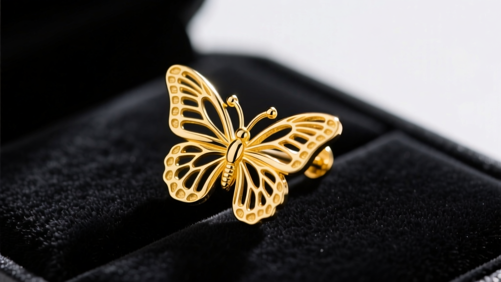 Close-up macro shot of a polished 18k yellow gold butterfly earring stopper resting on dark velvet under bright studio lighting.